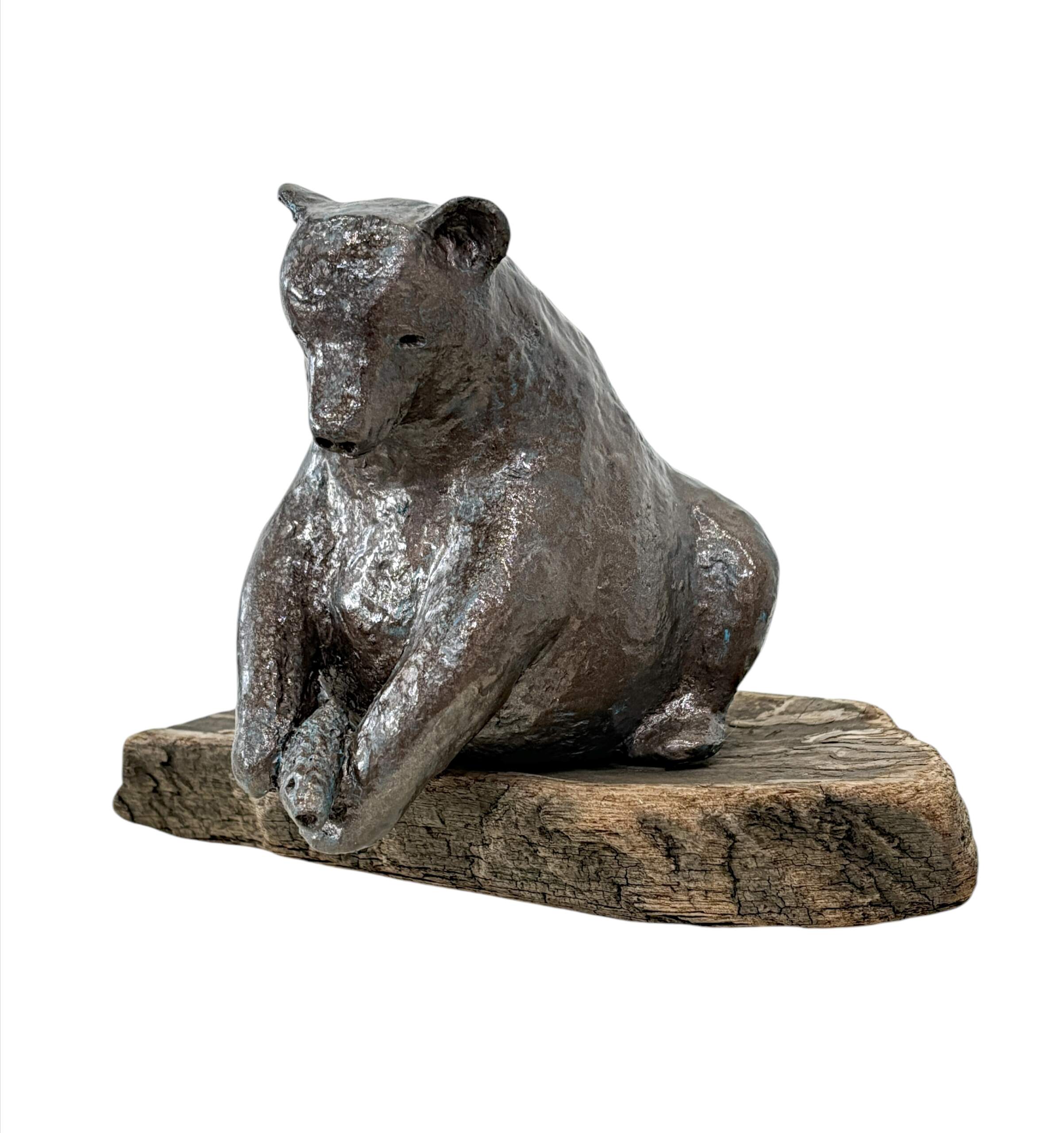 Salmon is Here, original mixed media sculpture of a friendly bear catching a fish by Canadian artist Karin Taylor at Effusion Art Gallery in Invermere, BC.