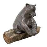 Salmon is Here, original mixed media sculpture of a friendly bear catching a fish by Canadian artist Karin Taylor at Effusion Art Gallery in Invermere, BC.