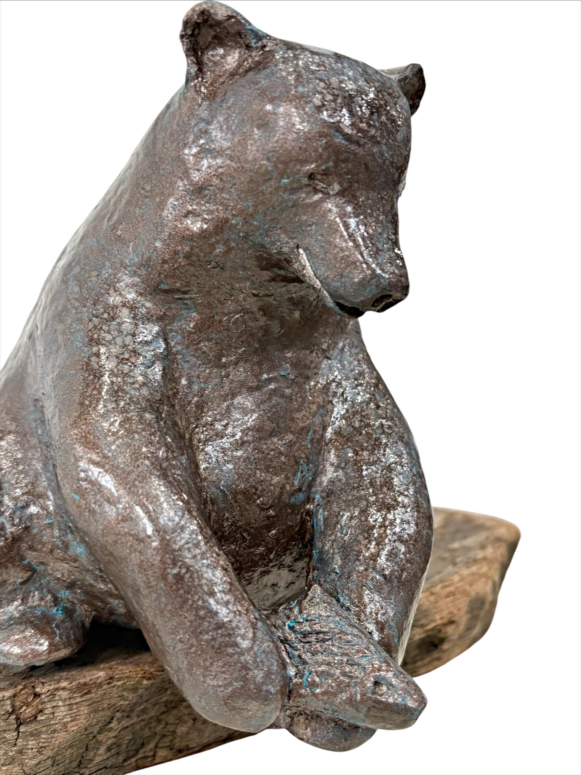 Salmon is Here, original mixed media sculpture of a friendly bear catching a fish by Canadian artist Karin Taylor at Effusion Art Gallery in Invermere, BC.