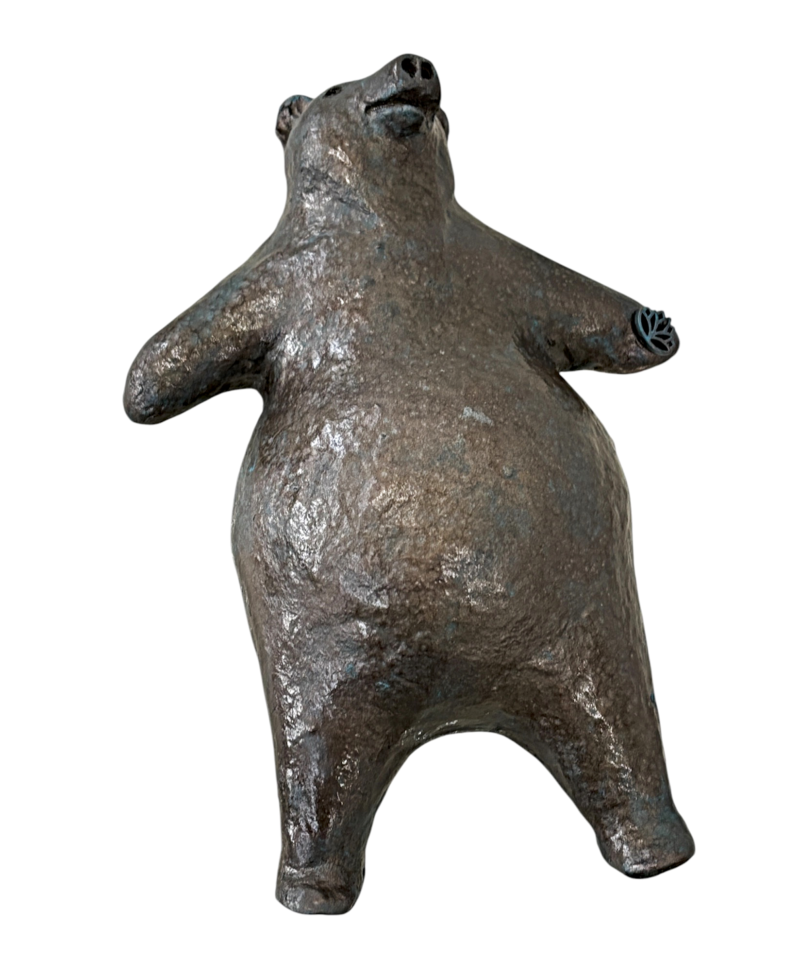 Savasana, original mixed media sculpture of a friendly bear doing yoga by Canadian artist Karin Taylor at Effusion Art Gallery in Invermere, BC.