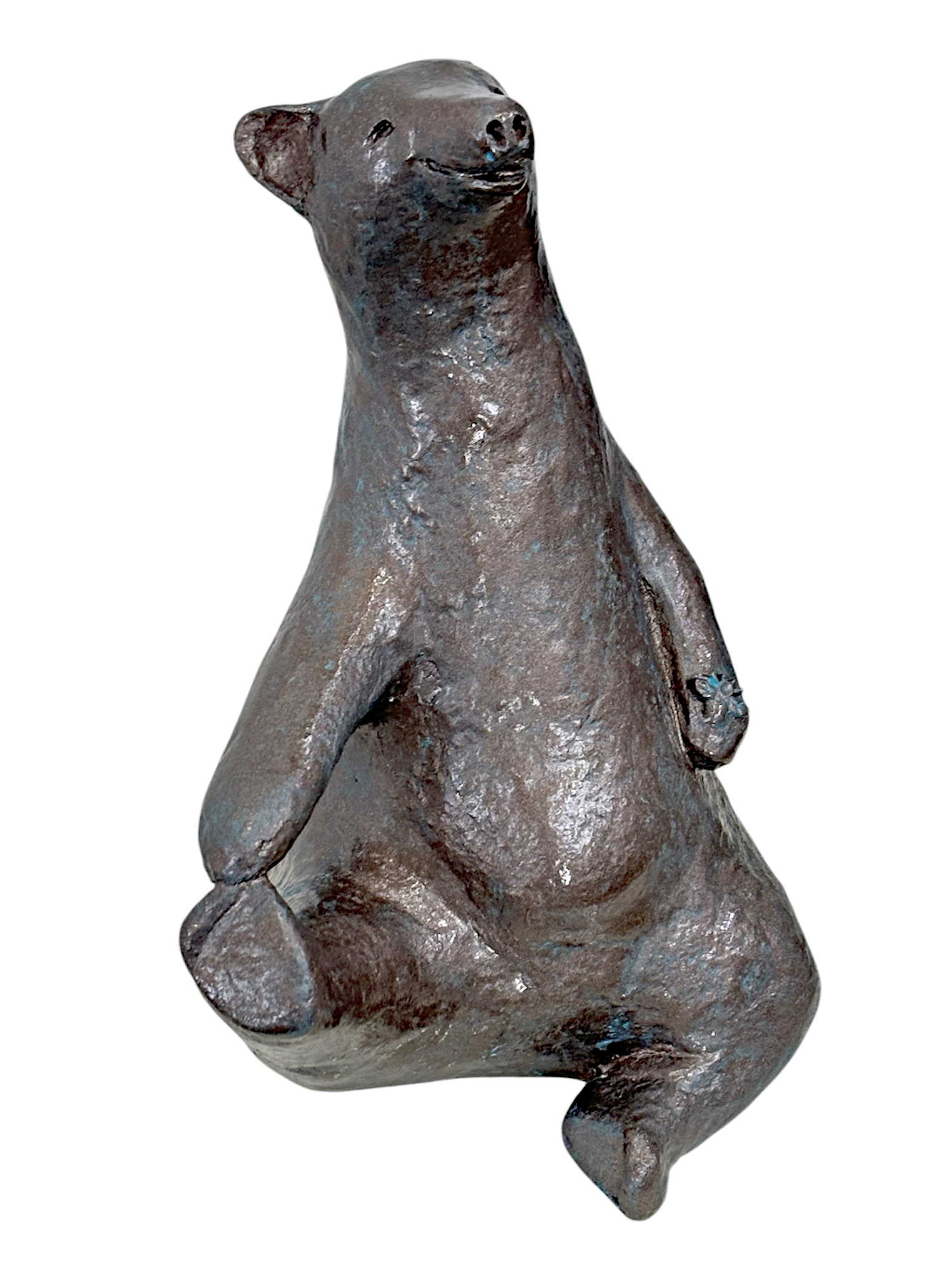 Single Leg Boat Stretch, original mixed media sculpture of a friendly bear doing yoga by Canadian artist Karin Taylor at Effusion Art Gallery in Invermere, BC.