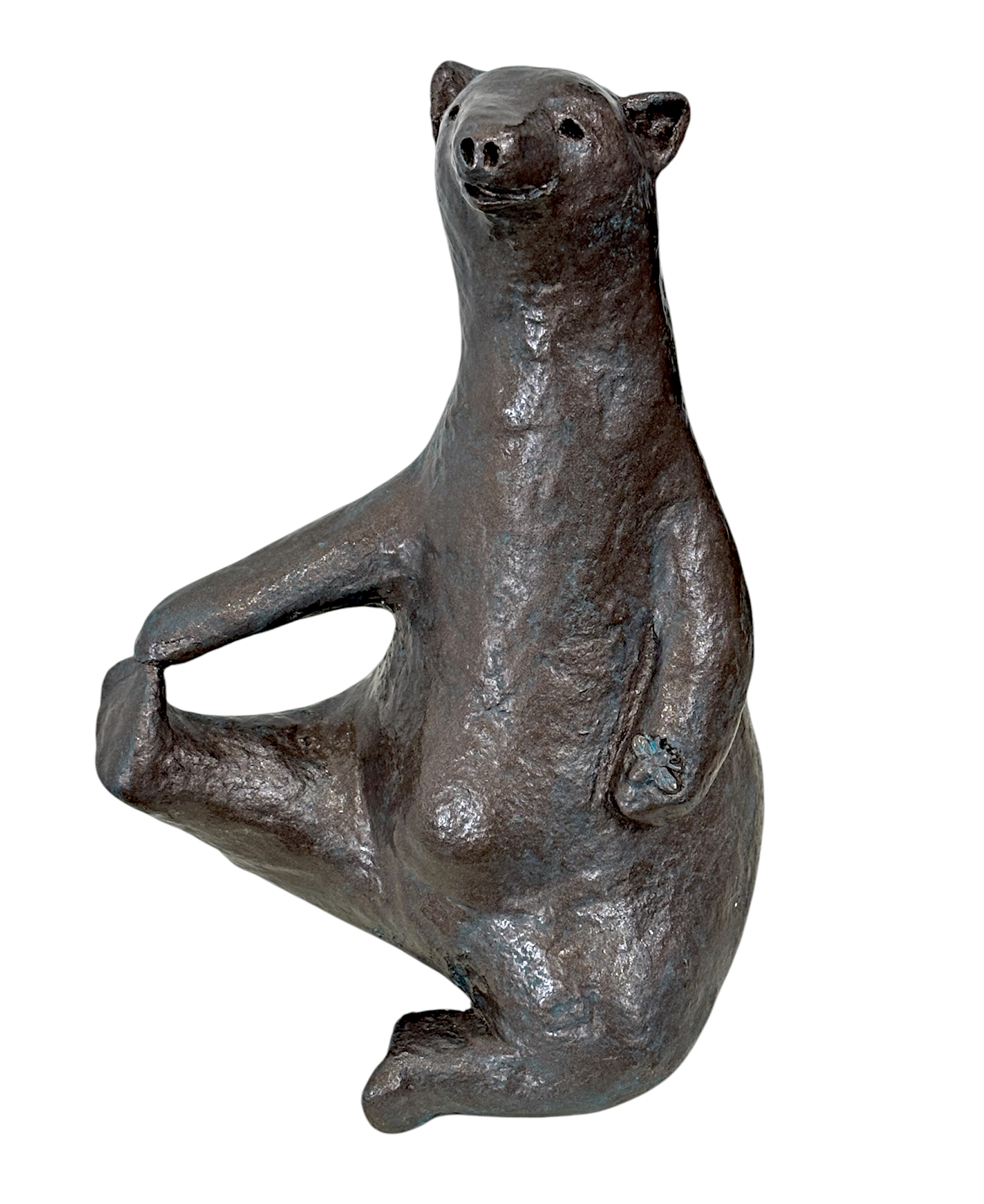Single Leg Boat Stretch, original mixed media sculpture of a friendly bear doing yoga by Canadian artist Karin Taylor at Effusion Art Gallery in Invermere, BC.