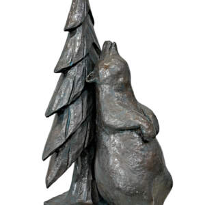 Tree Scratcher, original mixed media sculpture of a friendly bear scratching his back on a tree by Canadian artist Karin Taylor at Effusion Art Gallery in Invermere, BC.