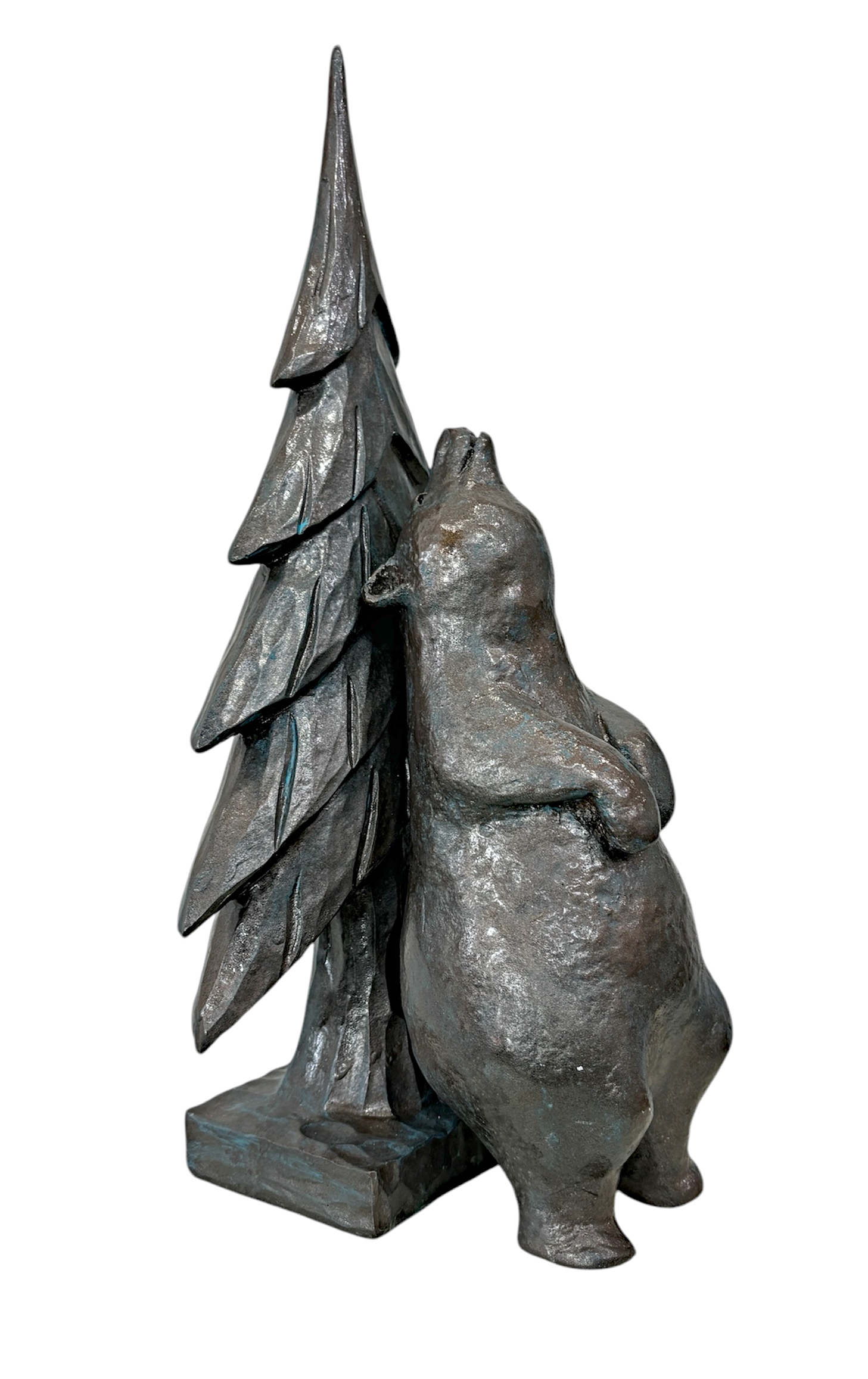 Tree Scratcher, original mixed media sculpture of a friendly bear scratching his back on a tree by Canadian artist Karin Taylor at Effusion Art Gallery in Invermere, BC.