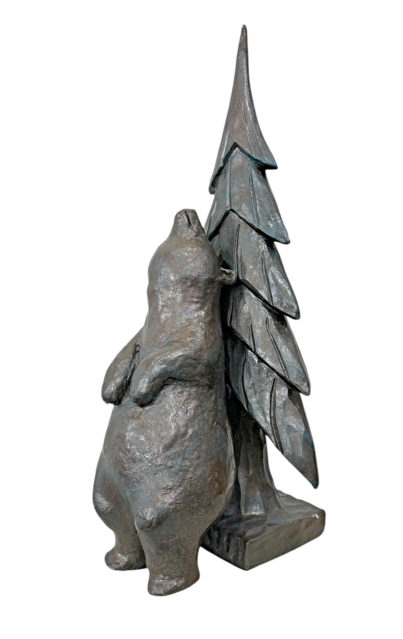Tree Scratcher, original mixed media sculpture of a friendly bear scratching his back on a tree by Canadian artist Karin Taylor at Effusion Art Gallery in Invermere, BC.