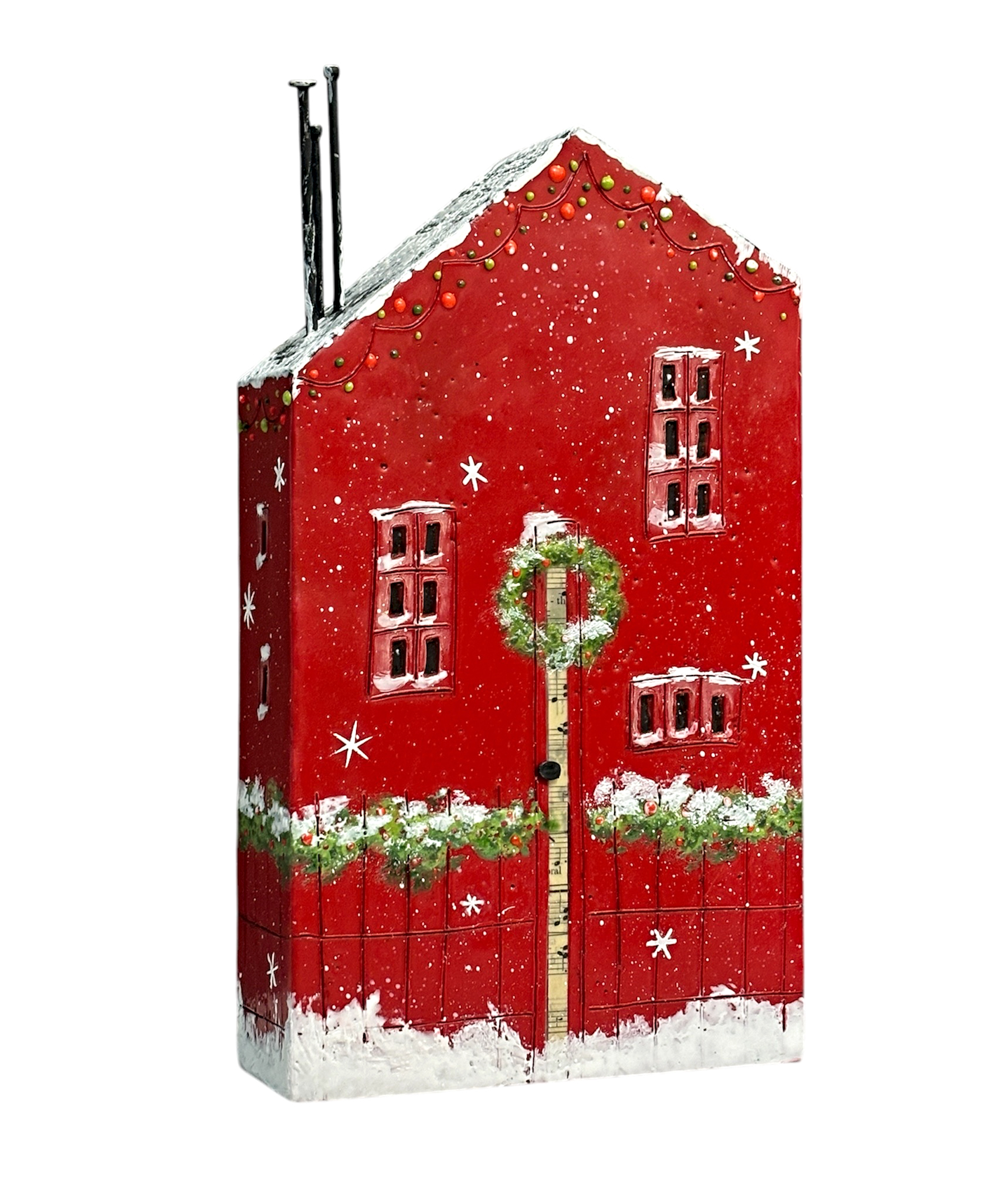 144 Holly Street, original encaustic red Christmas house painting by Canadian artist Brenda Walker at Effusion Art Gallery in Invermere, BC.