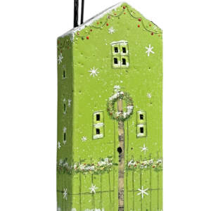 145 Holly Street, original encaustic green Christmas house painting by Canadian artist Brenda Walker at Effusion Art Gallery in Invermere, BC.