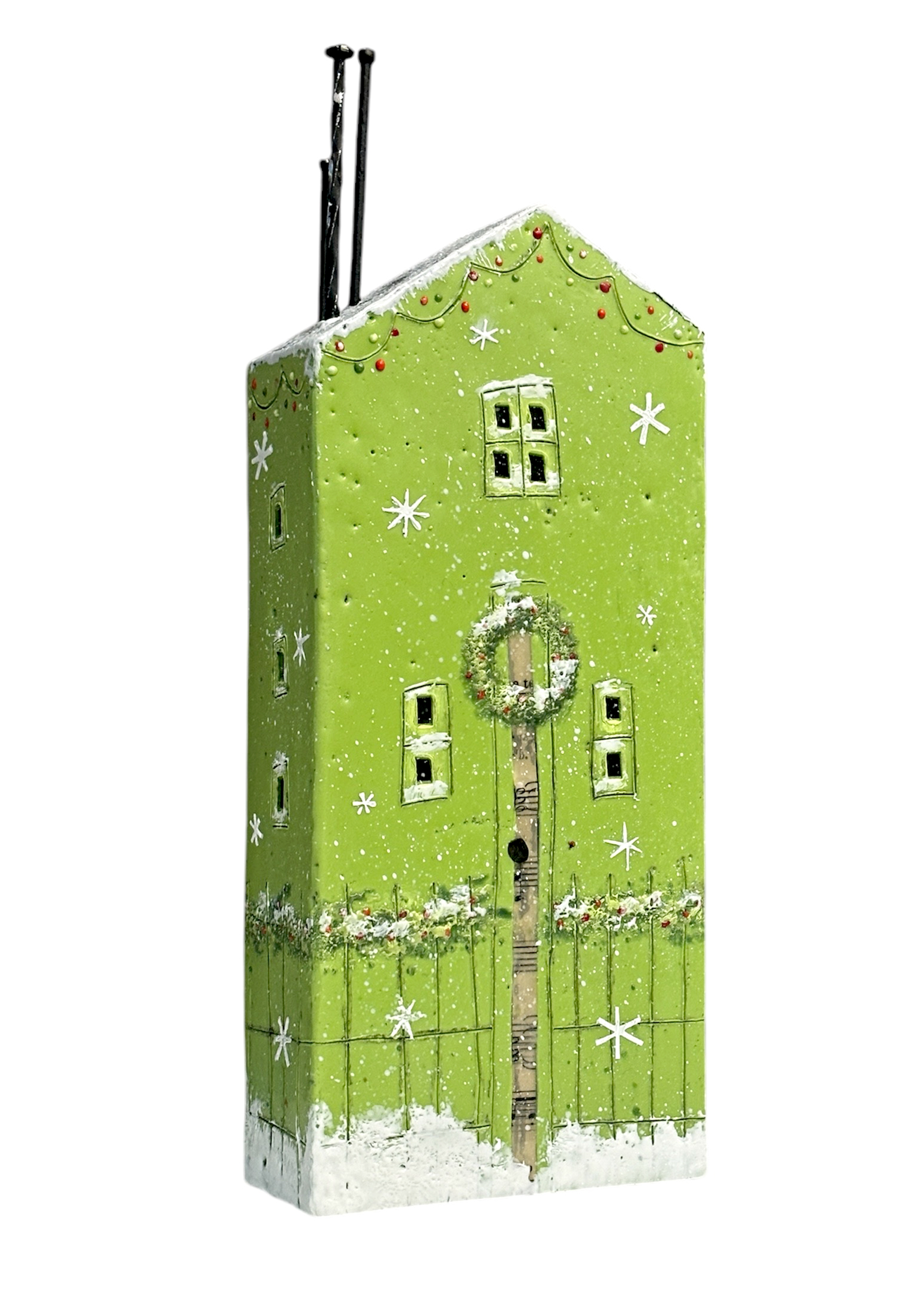 145 Holly Street, original encaustic green Christmas house painting by Canadian artist Brenda Walker at Effusion Art Gallery in Invermere, BC.