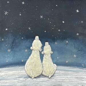 First Snow 7, original encaustic painting of two polar bears looking up at a the night sky in the snow by Canadian artist Brenda Walker at Effusion Art Gallery in Invermere, BC.