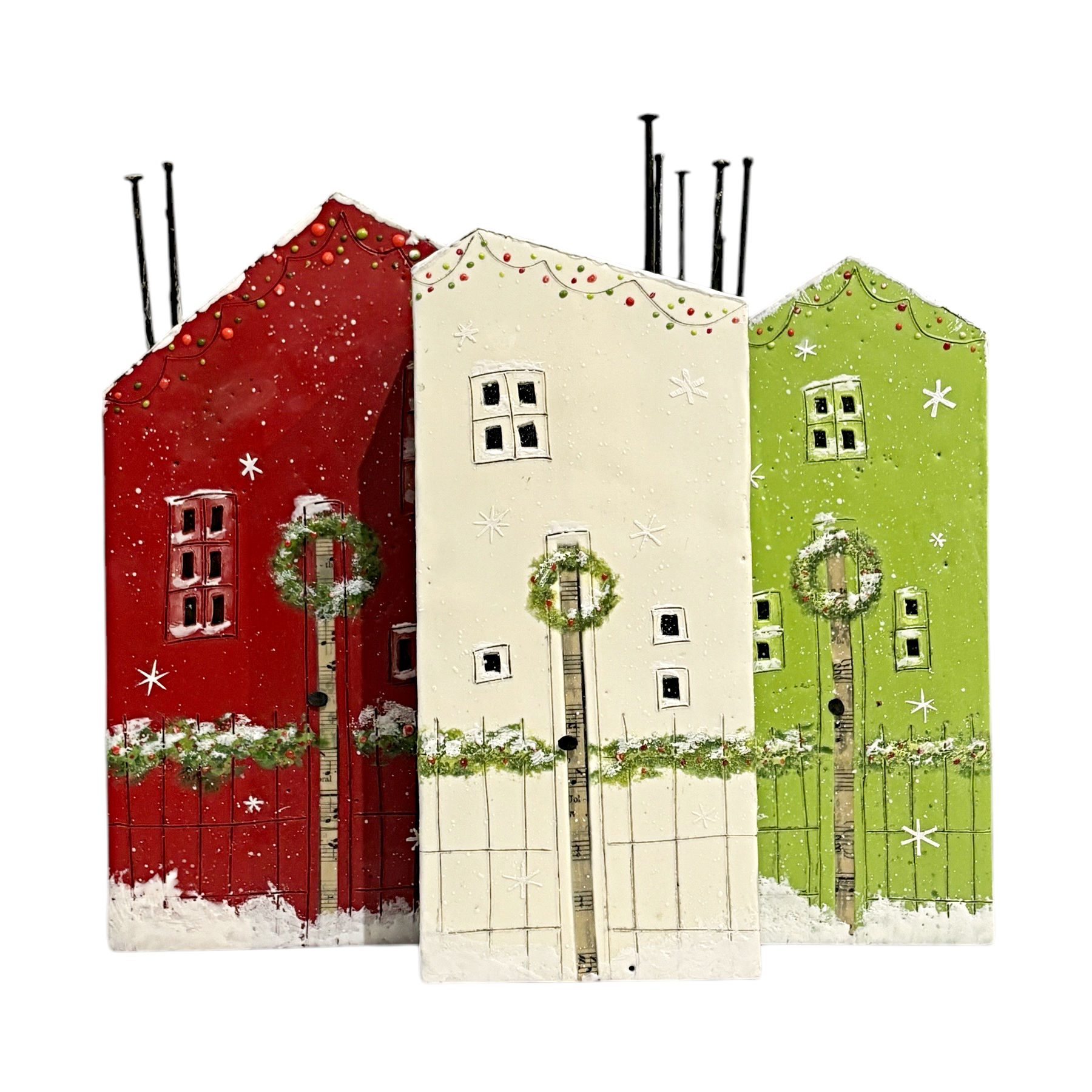 Holly Street, original encaustic red, white, and green Christmas house paintings by Canadian artist Brenda Walker at Effusion Art Gallery in Invermere, BC. Make your own Christmas village!