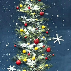 Oh Christmas Tree 15, encaustic winter Christmas tree painting at night with two bunnies by Canadian artist Brenda Walker at Effusion Art Gallery in Invermere, BC.