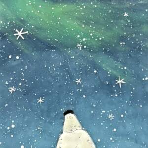 Polar Lights, original encaustic polar bear and Northern Lights painting by Canadian artist Brenda Walker at Effusion Art Gallery in Invermere, BC.