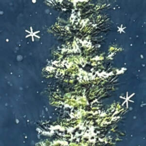 Winter Sentinel, encaustic winter tree painting at night by Canadian artist Brenda Walker at Effusion Art Gallery in Invermere, BC.