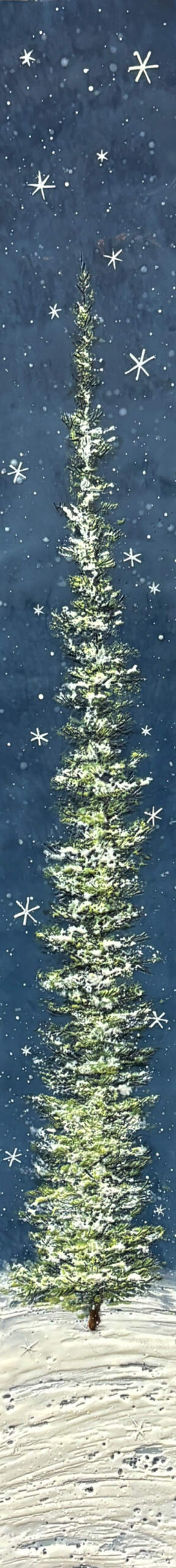 Winter Sentinel, encaustic winter tree painting at night by Canadian artist Brenda Walker at Effusion Art Gallery in Invermere, BC.