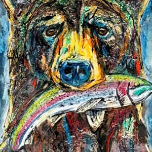 Catching Up, original mixed media painting of a bear with a fish in his mouth by Canadian artist David Zimmerman at Effusion Art Gallery in Invermere, BC.