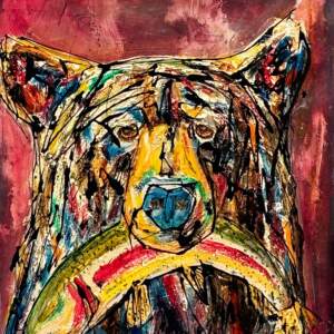 Deliberate Planning, original mixed media painting of a bear with a fish in his mouth by Canadian artist David Zimmerman at Effusion Art Gallery in Invermere, BC.