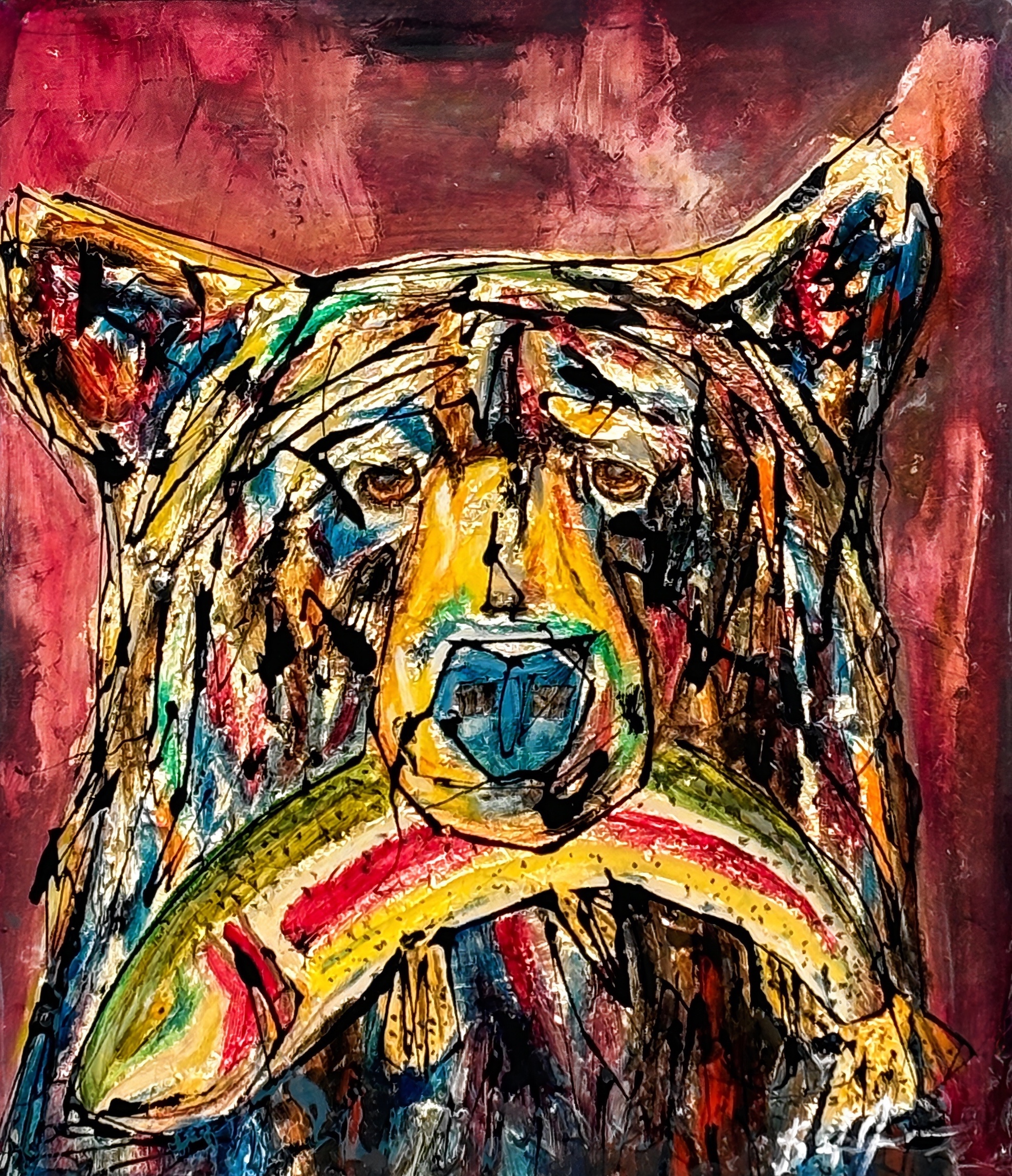 Deliberate Planning, original mixed media painting of a bear with a fish in his mouth by Canadian artist David Zimmerman at Effusion Art Gallery in Invermere, BC.