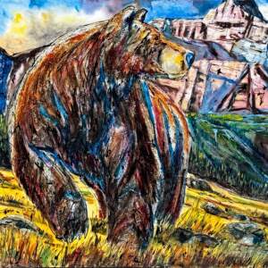 The Turning of Tables, original mixed media grizzly bear in the mountains painting by Canadian artist David Zimmerman at Effusion Art Gallery in Invermere, BC.