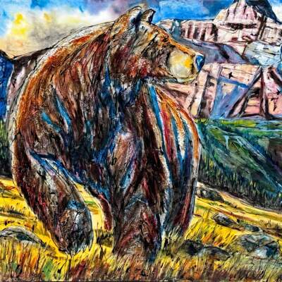 The Turning of Tables, original mixed media grizzly bear in the mountains painting by Canadian artist David Zimmerman at Effusion Art Gallery in Invermere, BC.