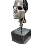 Galaxy, original metal robot-inspired head sculpture with gears by Canadian artist Cory Fuhr at Effusion Art Gallery in Invermere, BC.