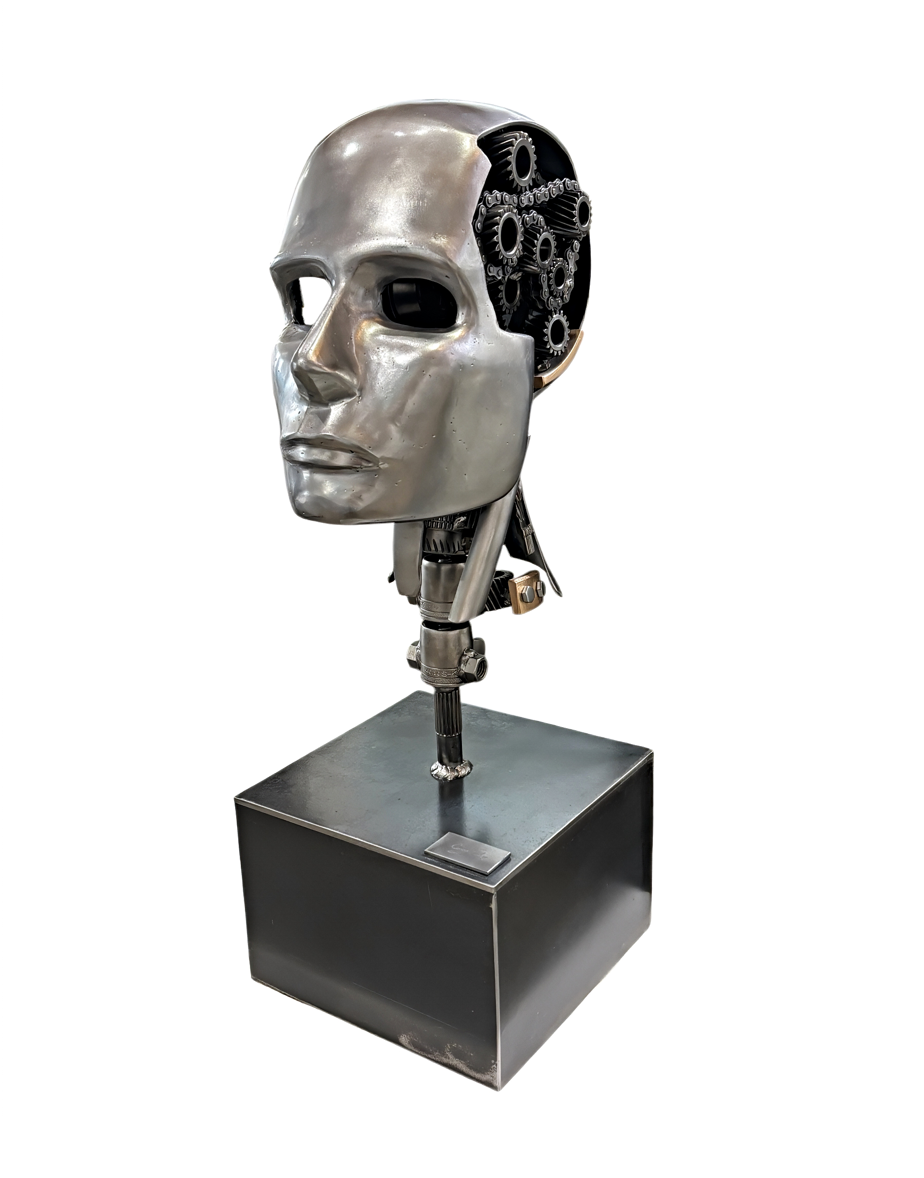 Galaxy, original metal robot-inspired head sculpture with gears by Canadian artist Cory Fuhr at Effusion Art Gallery in Invermere, BC.