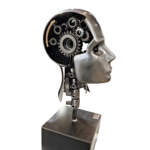 Galaxy, original metal robot-inspired head sculpture with gears by Canadian artist Cory Fuhr at Effusion Art Gallery in Invermere, BC.