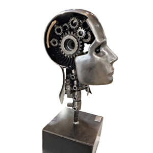 Galaxy, original metal robot-inspired head sculpture with gears by Canadian artist Cory Fuhr at Effusion Art Gallery in Invermere, BC.