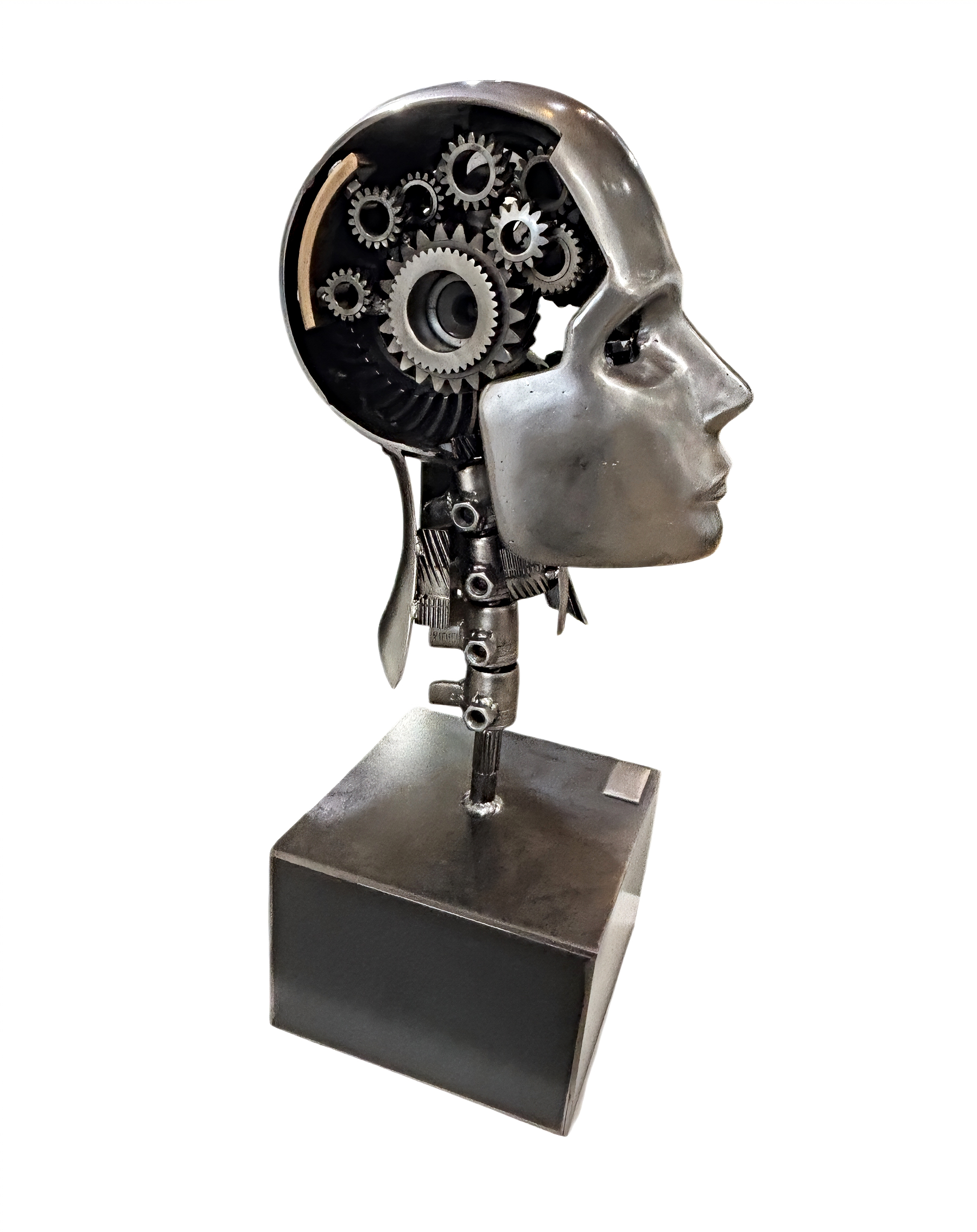Galaxy, original metal robot-inspired head sculpture with gears by Canadian artist Cory Fuhr at Effusion Art Gallery in Invermere, BC.