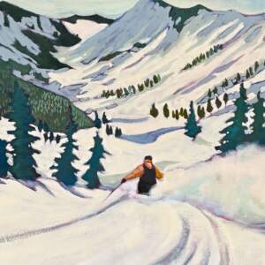 I've Got the Place to Myself, original acrylic ski painting by Canadian artist Eleanor Lowden at Effusion Art Gallery in Invermere, BC.