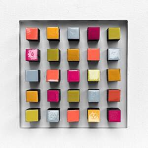 Square Dance, original 3-D mixed media abstract painting by Canadian artist Richelle Osborne at Effusion Art Gallery in Invermere, BC.
