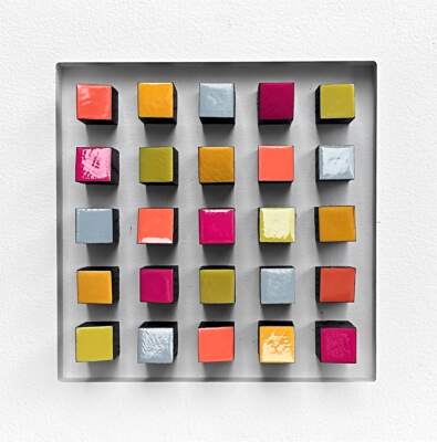 Square Dance, original 3-D mixed media abstract painting by Canadian artist Richelle Osborne at Effusion Art Gallery in Invermere, BC.