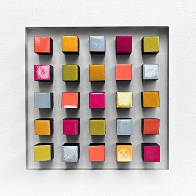 Square Dance, original 3-D mixed media abstract painting by Canadian artist Richelle Osborne at Effusion Art Gallery in Invermere, BC.