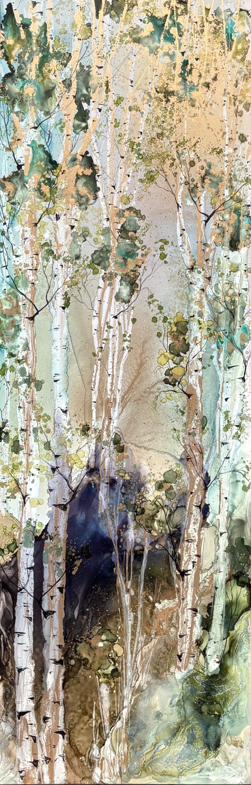 Where Light Dances I, original alcohol ink tree painting by Canadian artist Paulina Tokarski at Effusion Art Gallery in Invermere, BC.