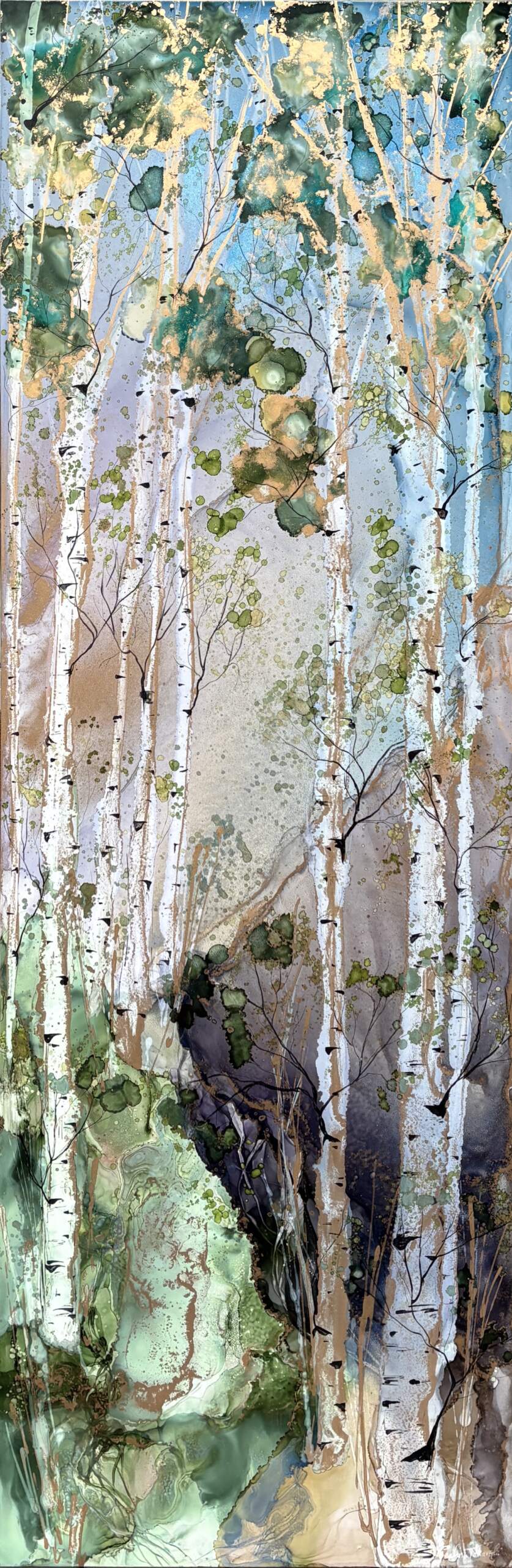 Where Light Dances II, original alcohol ink tree painting by Canadian artist Paulina Tokarski at Effusion Art Gallery in Invermere, BC.