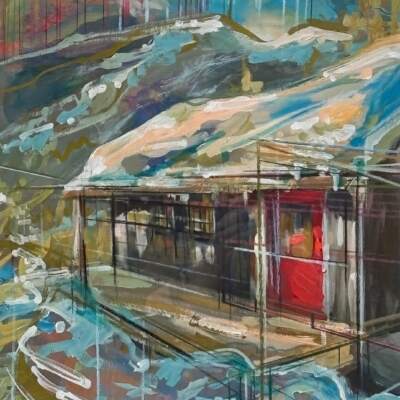 Barbara Monroe Hale Hut, original mixed media painting by Canadian artist Michel Saint Hilaire at Effusion Art Gallery in Invermere, BC.