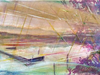 Lake Windermere, original mixed media painting by Canadian artist Michel Saint Hilaire at Effusion Art Gallery in Invermere, BC.