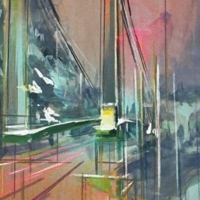 Toby Creek Bridge, original mixed media painting by Canadian artist Michel Saint Hilaire at Effusion Art Gallery in Invermere, BC.