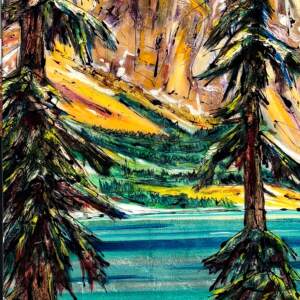 The Tall Ones, original mixed media landscape painting of Moraine Lake by Canadian artist David Zimmerman at Effusion Art Gallery in Invermere, BC.