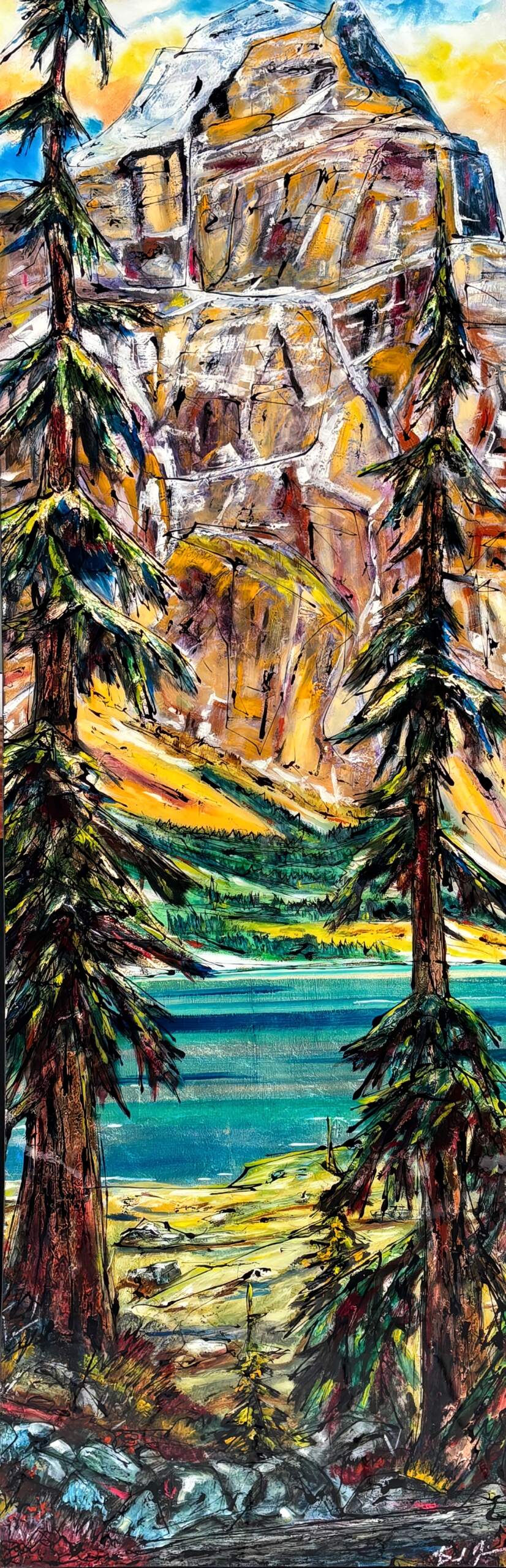 The Tall Ones, original mixed media landscape painting of Moraine Lake by Canadian artist David Zimmerman at Effusion Art Gallery in Invermere, BC.