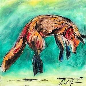 Things that are Hidden, original mixed media small leaping fox painting by Canadian artist David Zimmerman at Effusion Art Gallery in Invermere, BC.