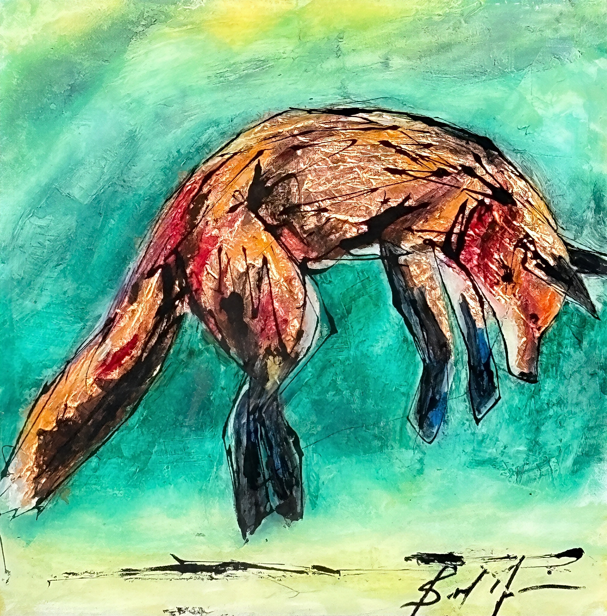 Things that are Hidden, original mixed media small leaping fox painting by Canadian artist David Zimmerman at Effusion Art Gallery in Invermere, BC.
