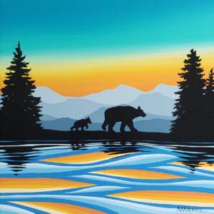 Follow the Leader II, original acrylic mama bear and cub at sunset painting by Canadian artist Monica Morrill at Effusion Art Gallery in Invermere, BC.