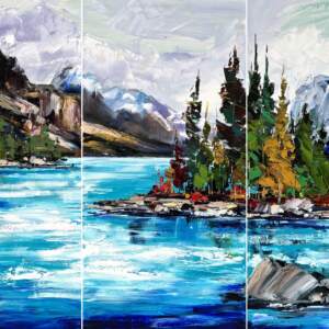 Iconic Images of the Rockies - Maligne Lake + Spirit Island, original oil landscape painting by Canadian artist Kimberly Kiel at Effusion Art Gallery in Invermere, BC.