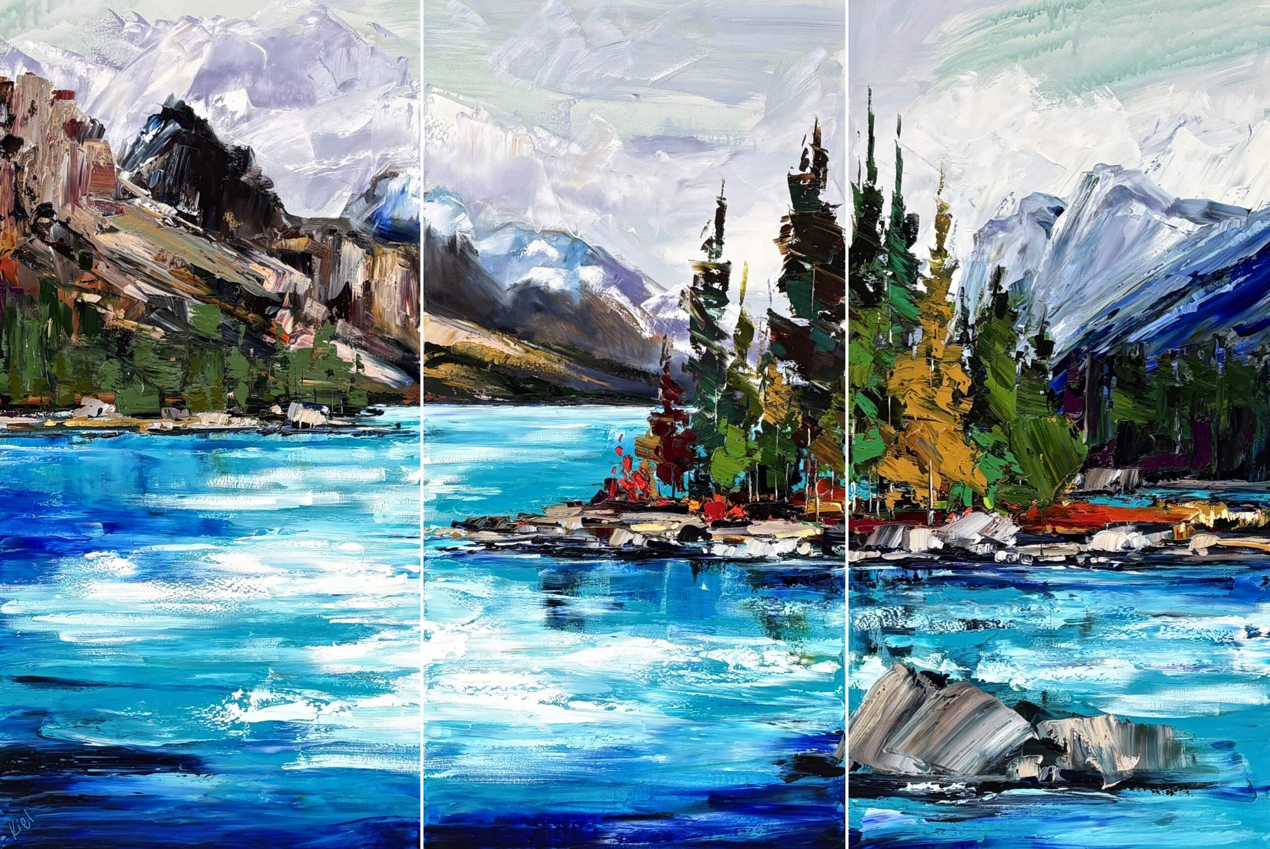 Iconic Images of the Rockies - Maligne Lake + Spirit Island, original oil landscape painting by Canadian artist Kimberly Kiel at Effusion Art Gallery in Invermere, BC.