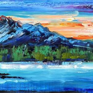 Iconic Images of the Rockies - Pyramid Lake, original oil landscape painting by Canadian artist Kimberly Kiel at Effusion Art Gallery in Invermere, BC.