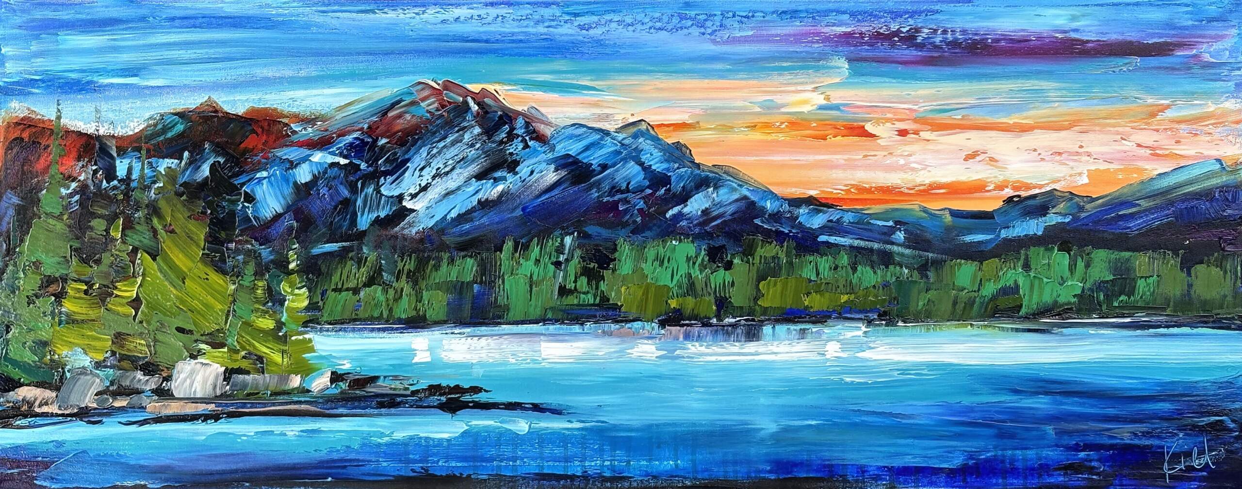Iconic Images of the Rockies - Pyramid Lake, original oil landscape painting by Canadian artist Kimberly Kiel at Effusion Art Gallery in Invermere, BC.