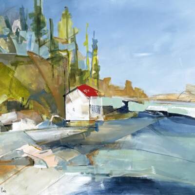 Valley Time, original acrylic local landscape painting of Lake Windermere by Canadian artist Katie Lois at Effusion Art Gallery in Invermere, BC.