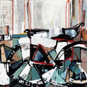 We, original acrylic abstract bike painting by Canadian artist Katie Lois at Effusion Art Gallery in Invermere, BC.
