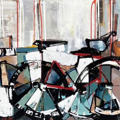 We, original acrylic abstract bike painting by Canadian artist Katie Lois at Effusion Art Gallery in Invermere, BC.