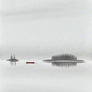 Found You in the Fog, original mixed media foggy lake landscape and canoe painting by Canadian artist Natasha Miller (NRMiller) at Effusion Art Gallery in Invermere, BC.